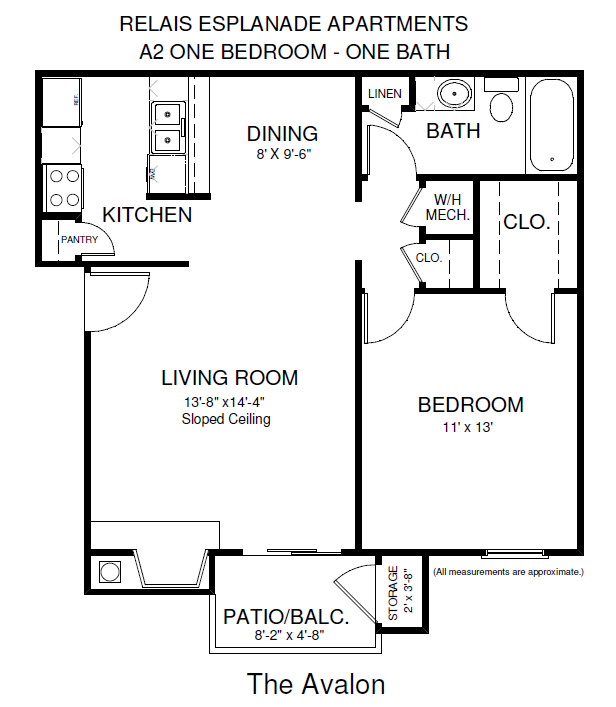 Floor plan for 1 bed, 1 bath, 654 sqft